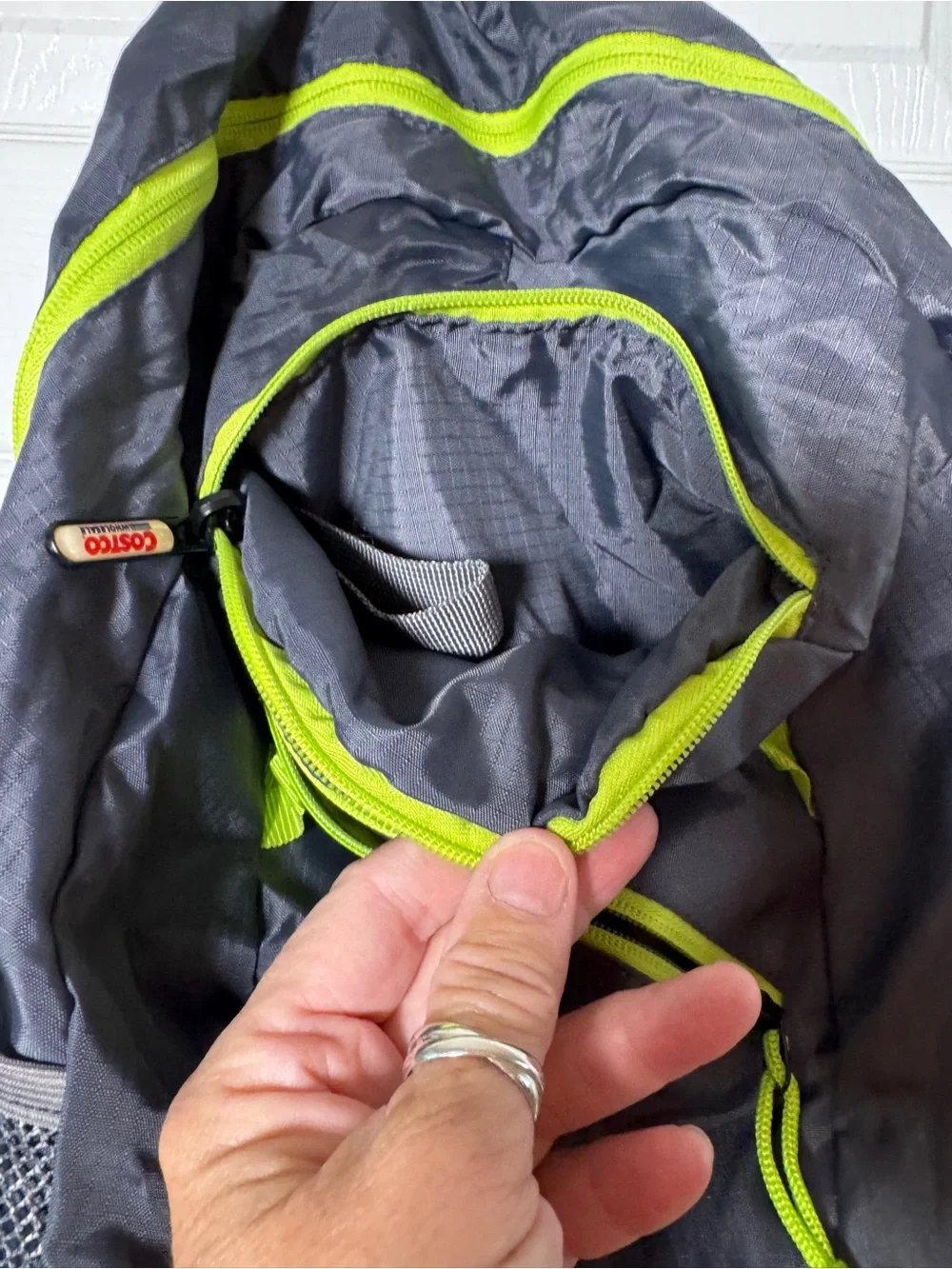 Costco Packable Backpack Lightweight Foldable Grey & Neon Green Lime